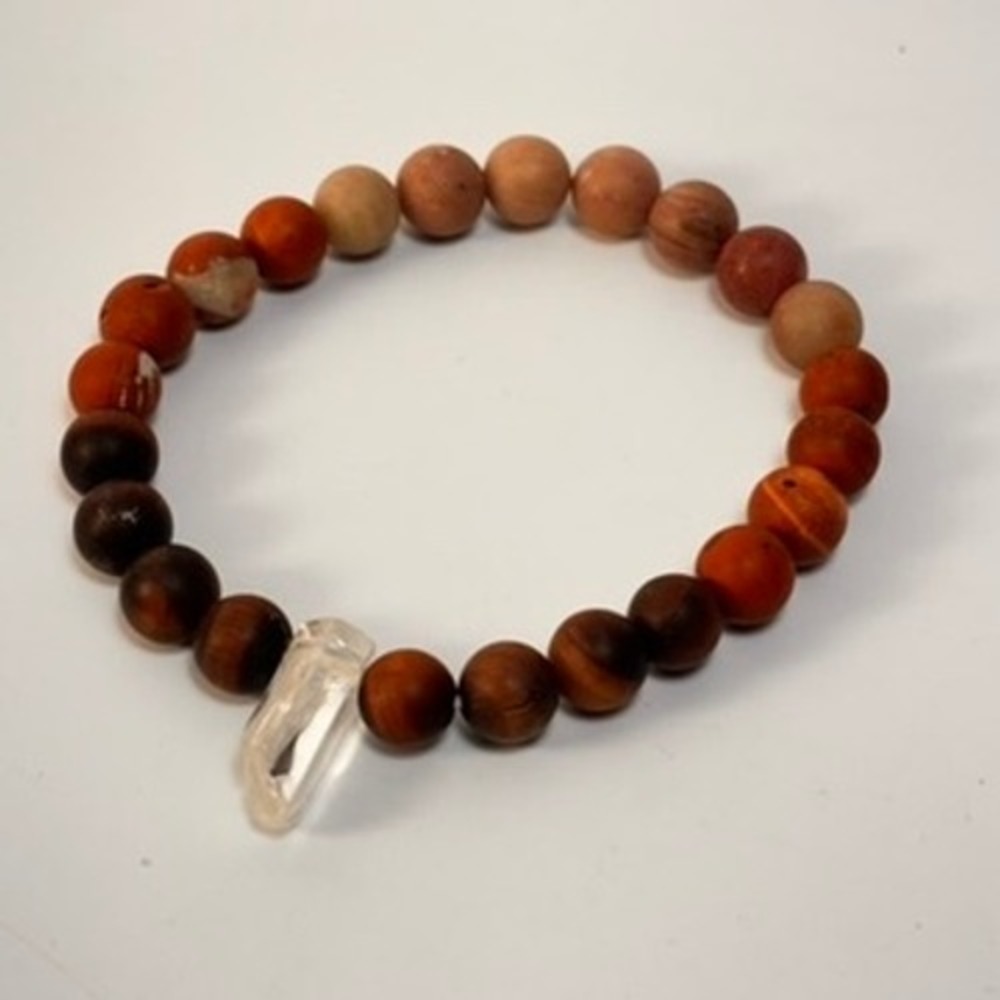 Natural Stone Bead Bracelet Brown Terracotta Crystal Point Boho Minimalist Goth